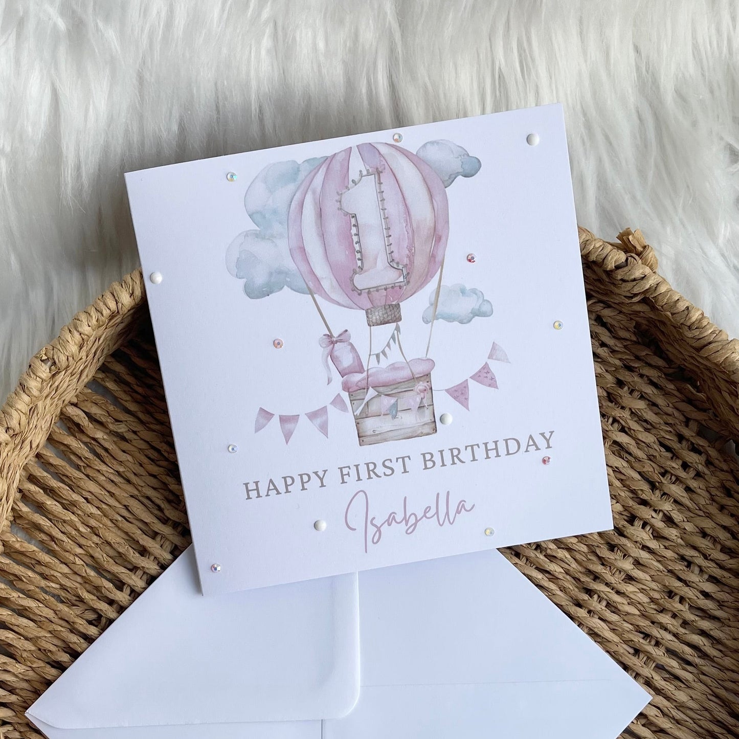 1st birthday pink hot air balloon - Birthday Card