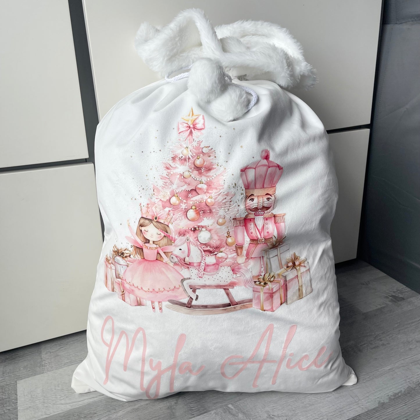 White sack (pink Christmas design)