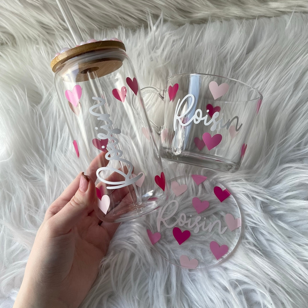 Hearts 3 piece set , matching bamboo lid cup , mug & coaster
