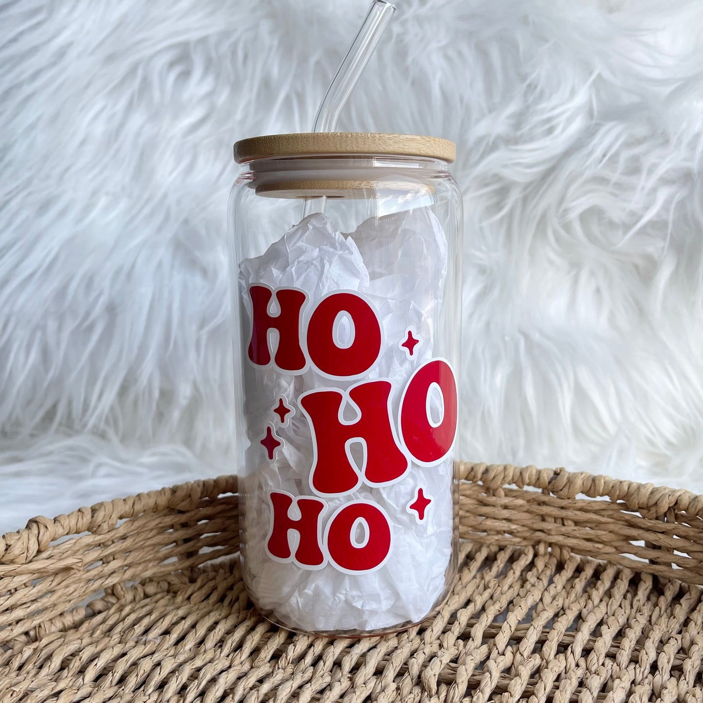 Ho Ho Ho bamboo lid Can Glass