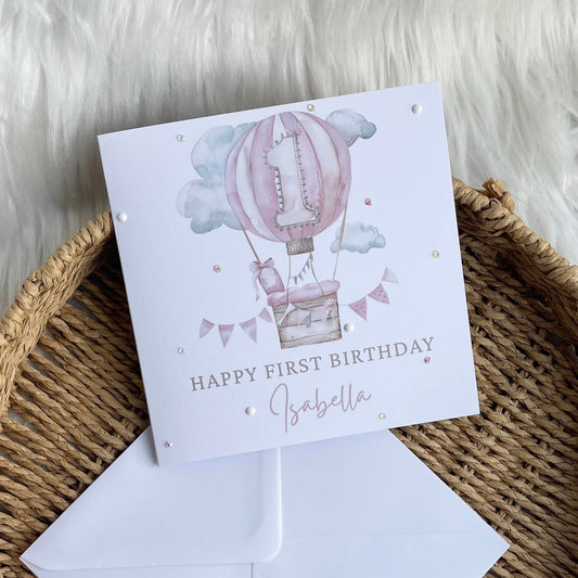 1st birthday pink hot air balloon - Birthday Card