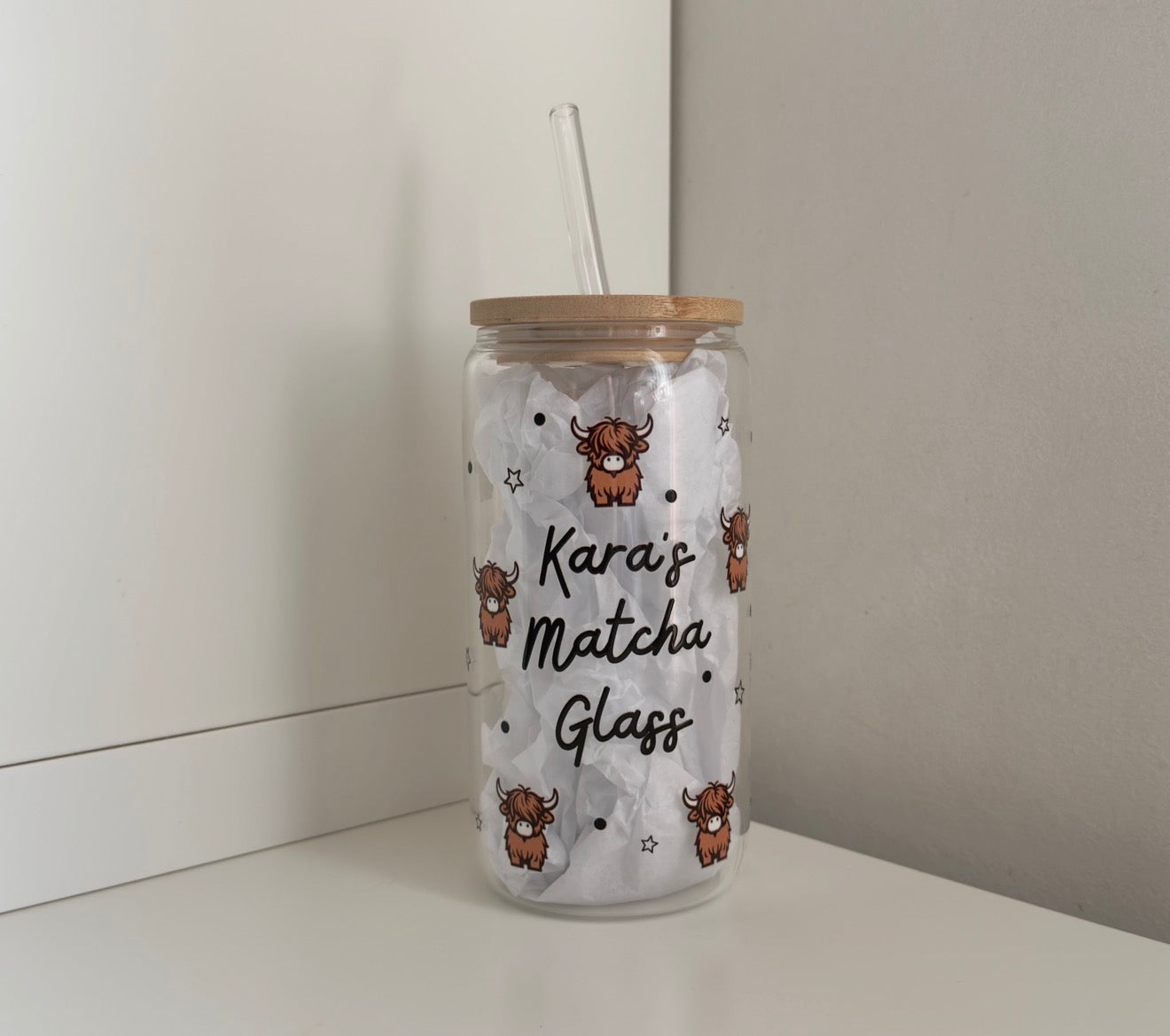 Mini highland cow cup - bamboo lid can glass