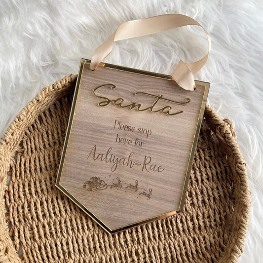 Santa stop here / layered oak & acrylic sign