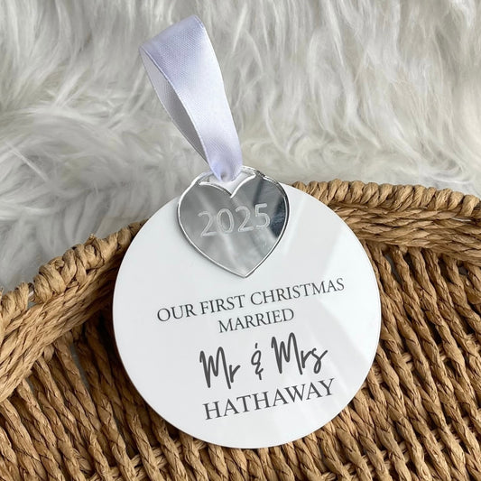 Our first Christmas married - with engraved mirrored heart