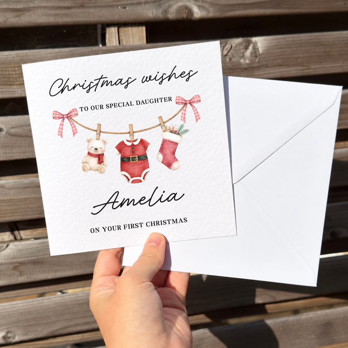First Christmas 6” card - little Santa’s washing line