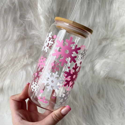 Pink & White Snowflake Bamboo Lid Cup