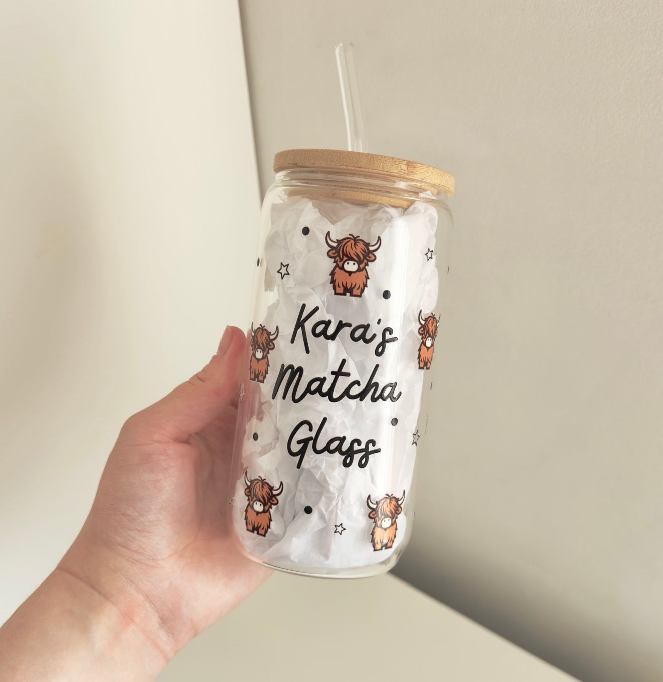 Mini highland cow cup - bamboo lid can glass