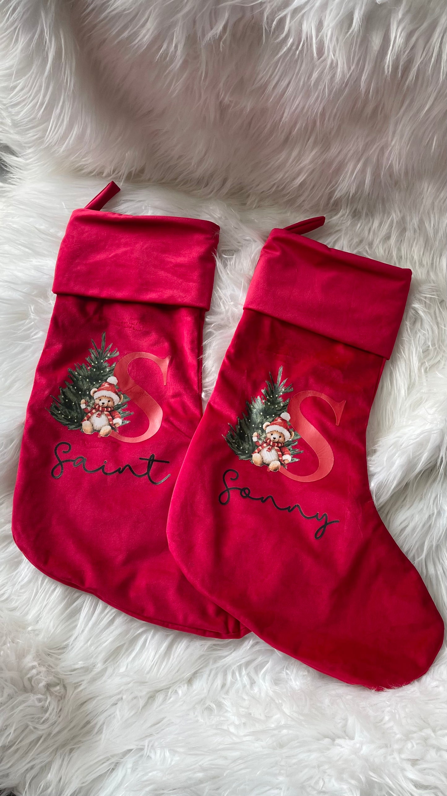 Teddy Initial Velvet Stocking
