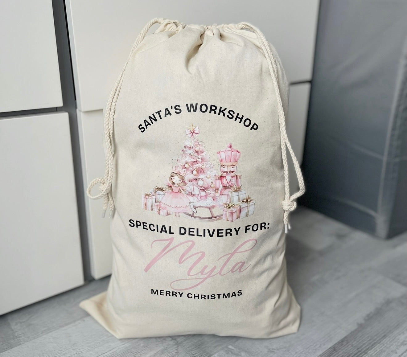Santa’s workshop , pink ballerina Christmas Sack