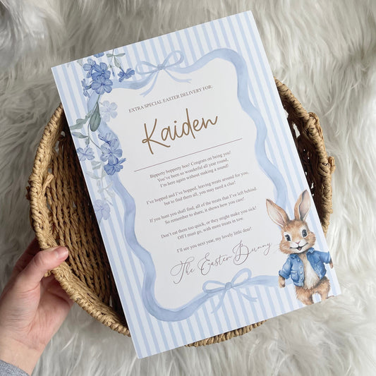 Stripe flopsy bunny Easter certificate- A4 blue/pink