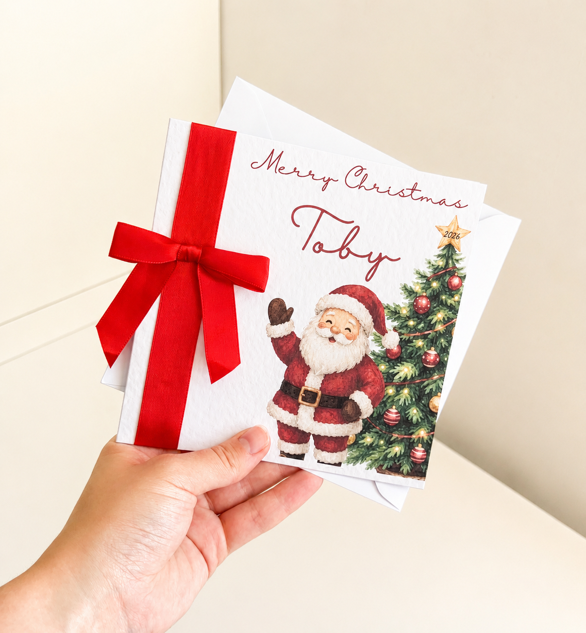 Waving Santa with bow , 6” Christmas Card