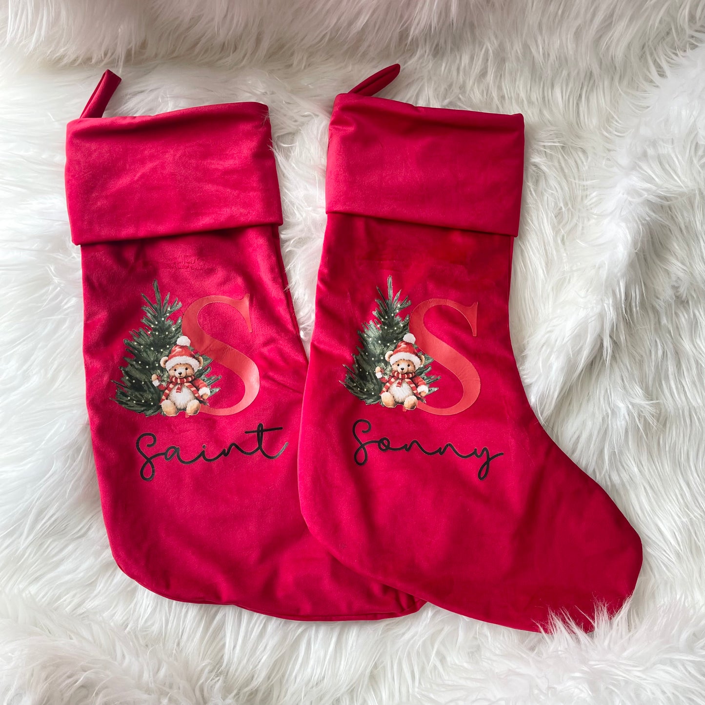 Teddy Initial Velvet Stocking