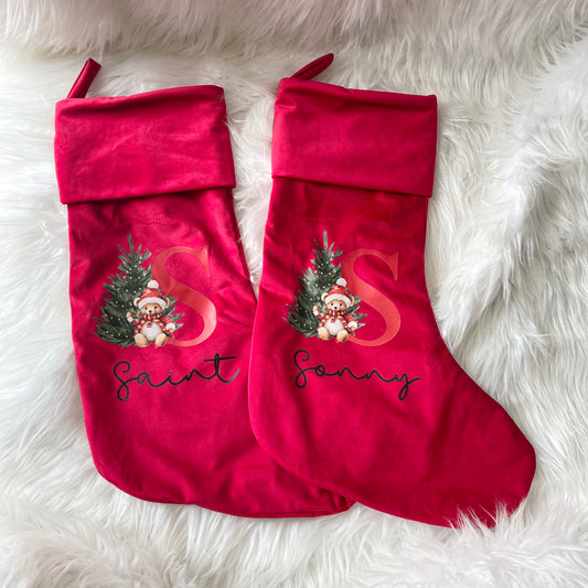 Teddy Initial Velvet Stocking